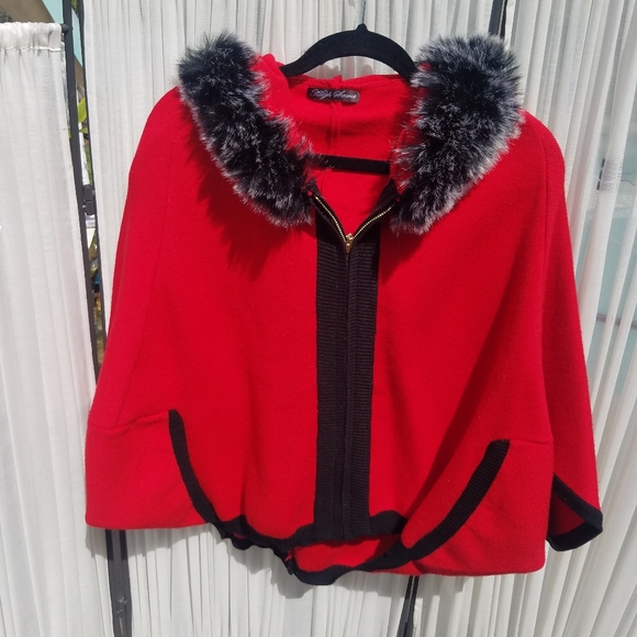 Jackets & Blazers - Red hooded faux fur open front luxurious Cape sweater for women.